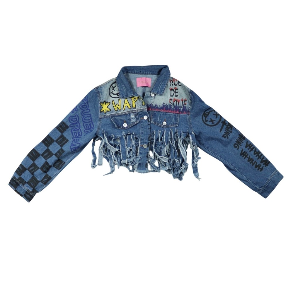 Azeala Wang WAP Ultra Cropped‎ Distressed Denim Fringe Streetwear Jacket Small